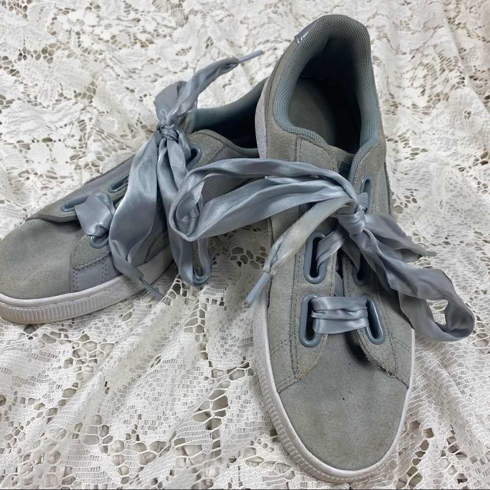 Puma Gray Suede Ribbon Trainers - Picture 1 of 6